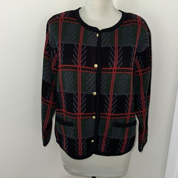 Crystal Kobe Petite holiday plaid cardigan sweater M MP red green black - Picture 1 of 7